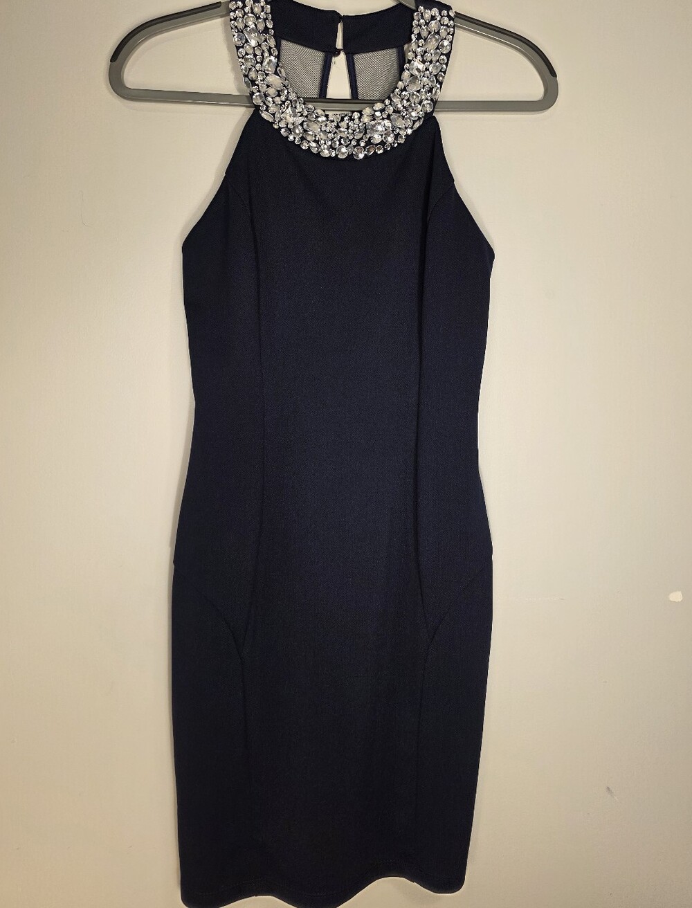 Navy Halter Mini Bodycon Dressl Rhinestone Neckline Mesh Back